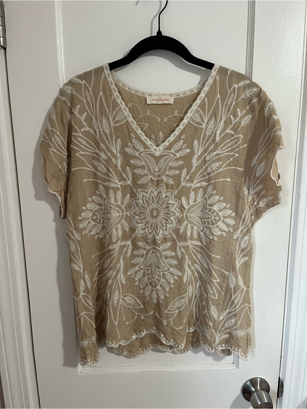 Solitaire Beige Top with White Floral Embroidery
